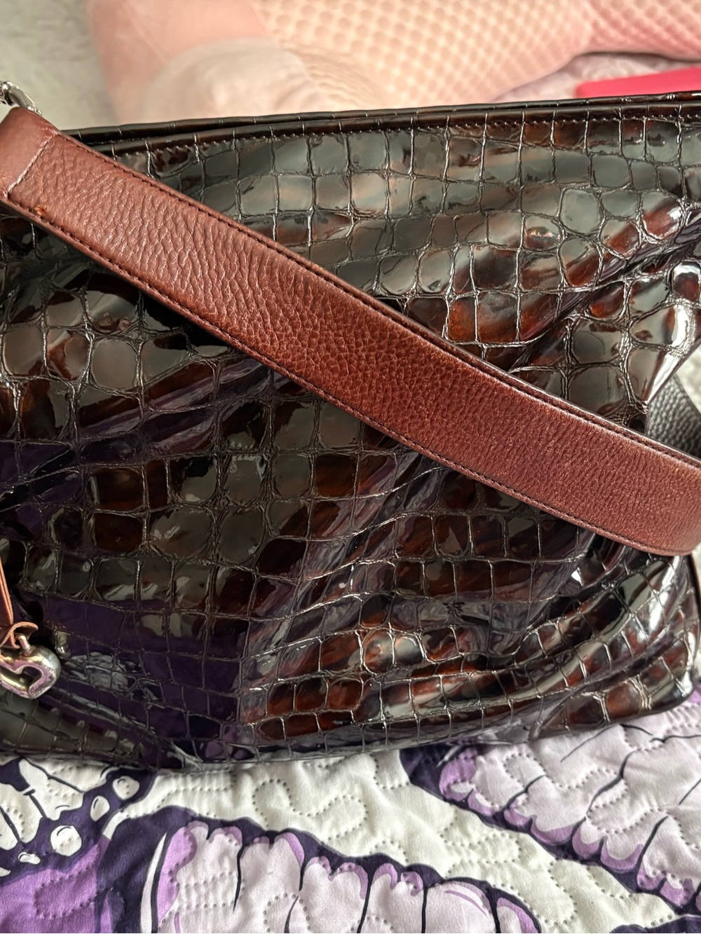 Brighton Shiny Croc-Embossed Shoulder Bag in Dark Brown with Chestnut Strap